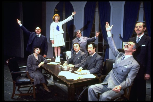 Shelley Bruce as Annie (3R), Reid Shelton as Daddy Warbucks (R) and Raymond Thorne as FDR (2L) in a scene from the Broadway production of the musical "Annie.".